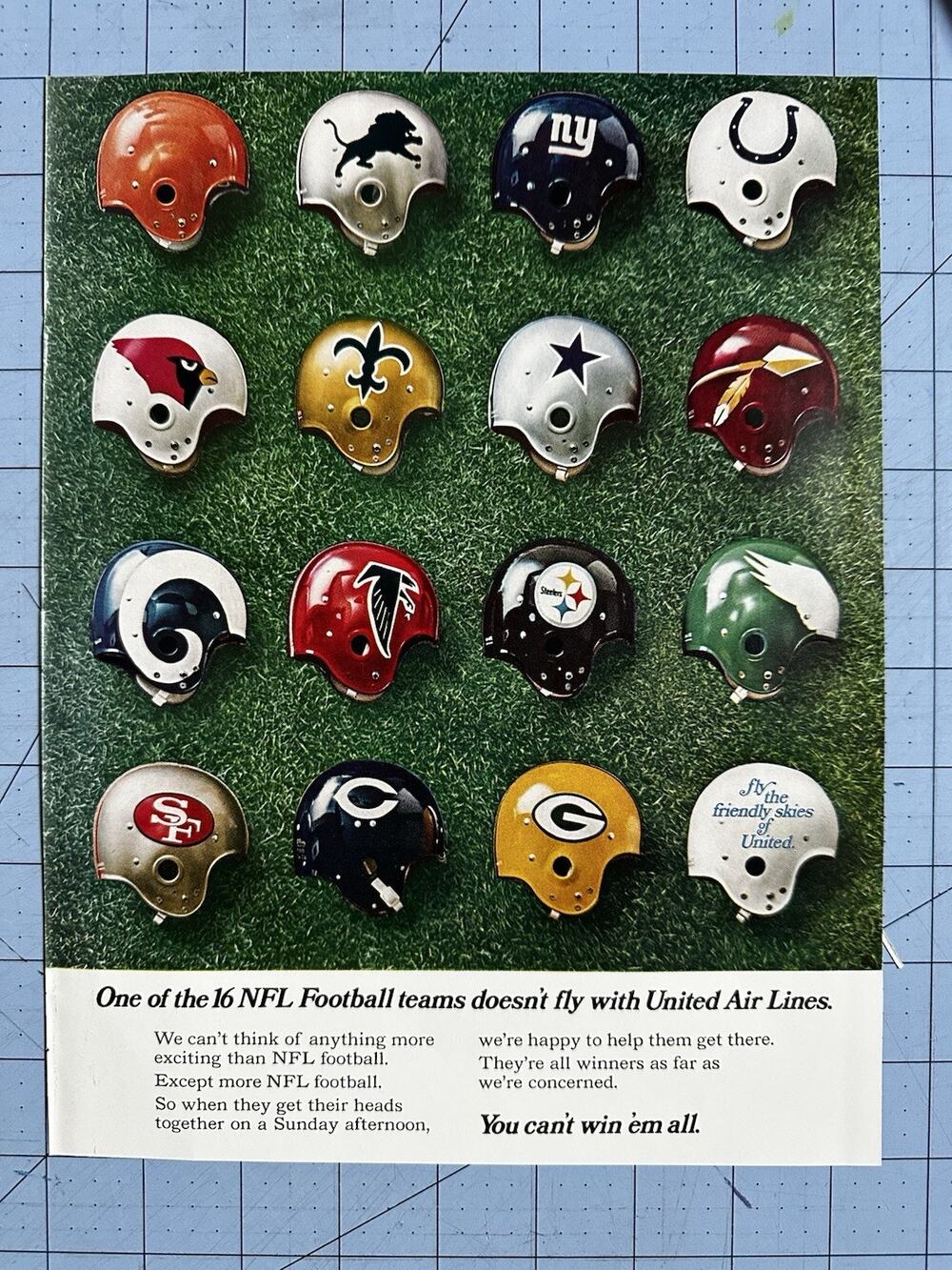 1969 United Airlines NFL Football Helmet Vintage Magazine Advertisement